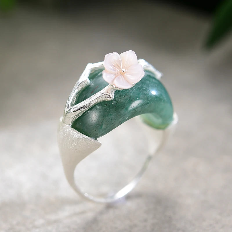 Asian Style Cherry Blossom | Shell | Aventurine | Rose Quartz | 18K Gold | Sterling Silver | Ring