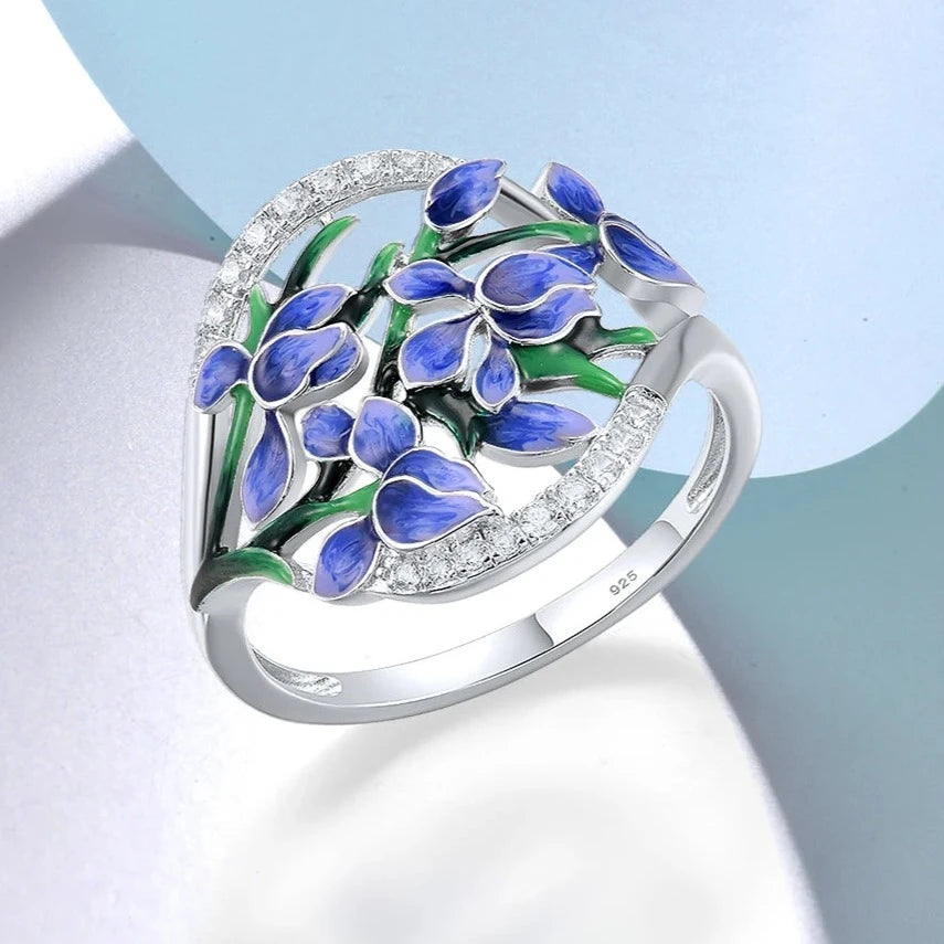 Blue Orchid Flower | Enamel | Zirconia | Sterling Silver | Ring