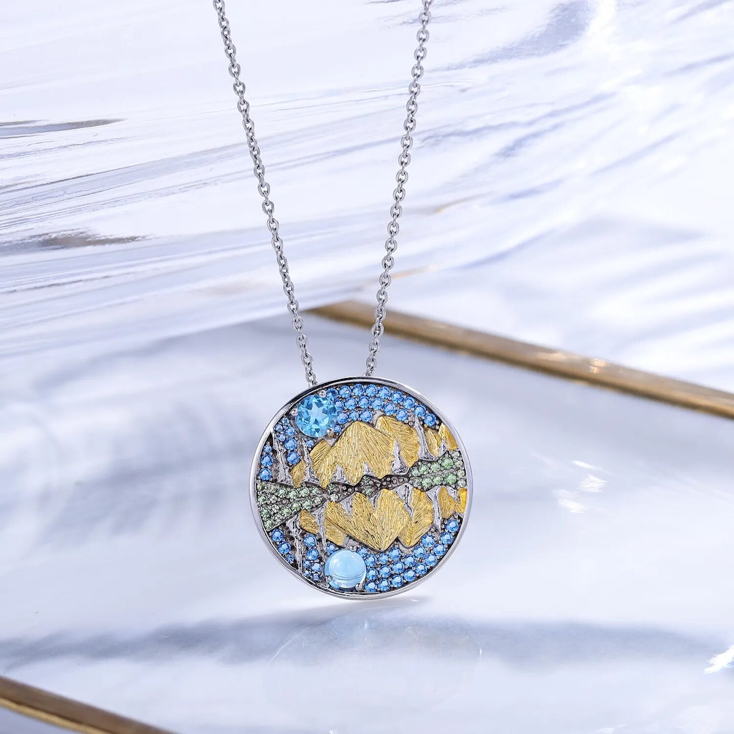 Moonlit Mountains Lake Reflection | Blue Topaz | Moonstone | Peridot | Sterling Silver | 18K Gold | Necklace