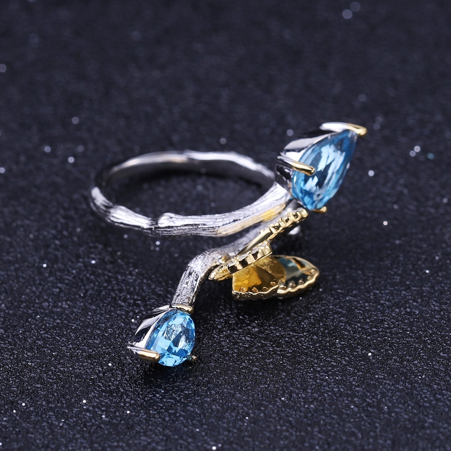 Butterfly Perched On Branch | Swiss Blue Topaz | Rhodolite | Zircon | Sterling Silver | 18K Gold | Adjustable Ring
