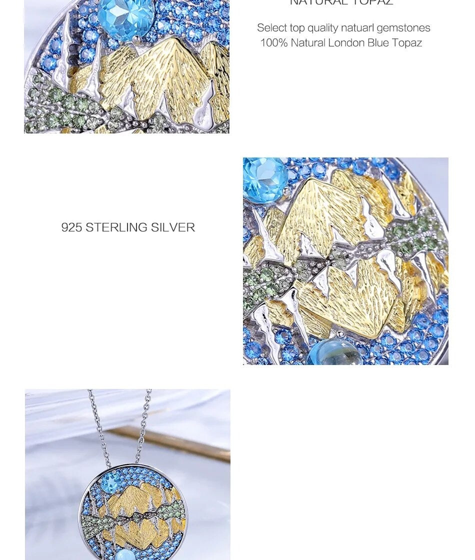Moonlit Mountains Lake Reflection | Blue Topaz | Moonstone | Peridot | Sterling Silver | 18K Gold | Necklace