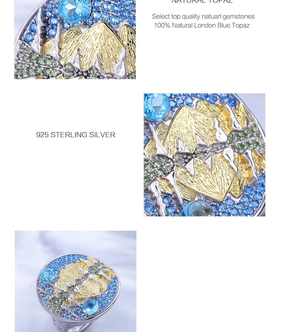 Moonlit Mountains Lake Reflection | Blue Topaz | Peridot | Moonstone | Sterling Silver | 18K Gold | Adjustable Ring