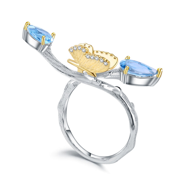 Butterfly Perched On Branch | Swiss Blue Topaz | Rhodolite | Zircon | Sterling Silver | 18K Gold | Adjustable Ring