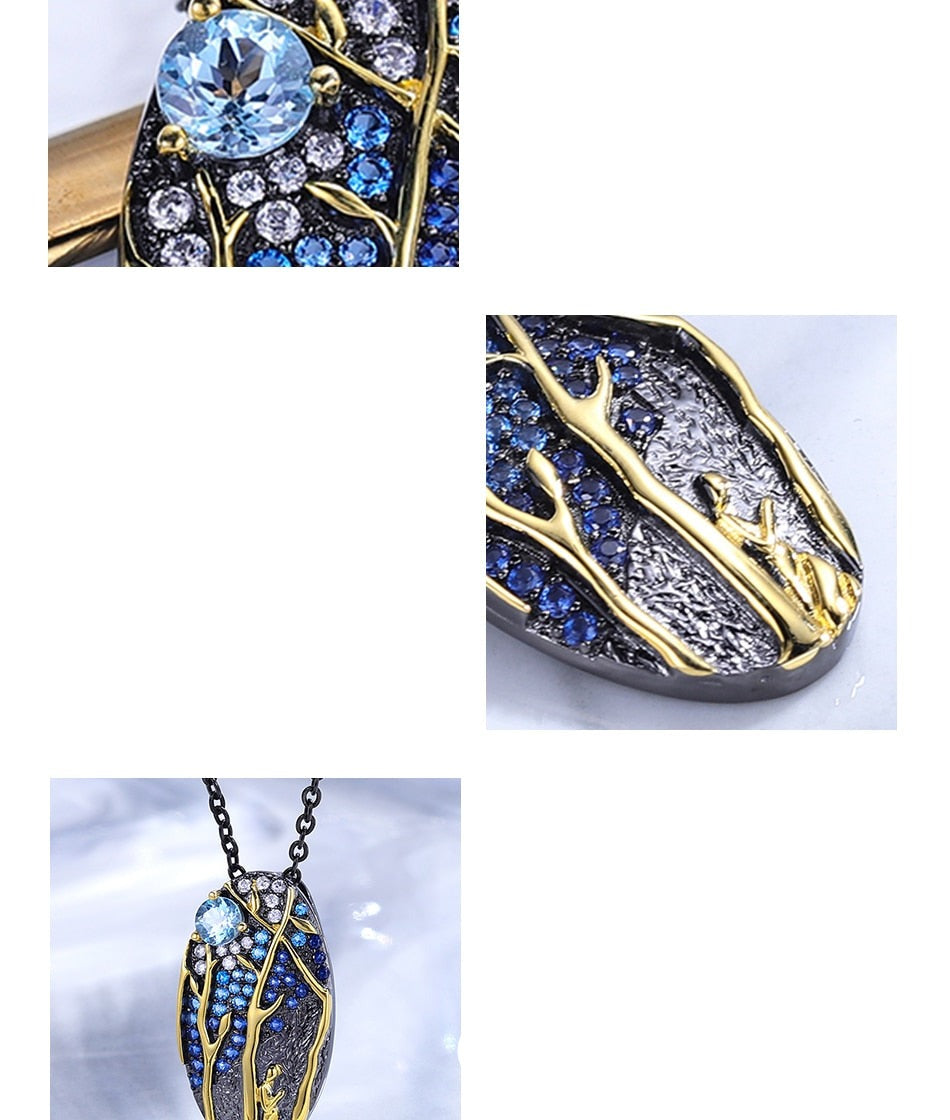 Midnight Forest | Sterling Silver | 18K Gold | Moonstone | Blue Topaz | Zirconia | Necklace