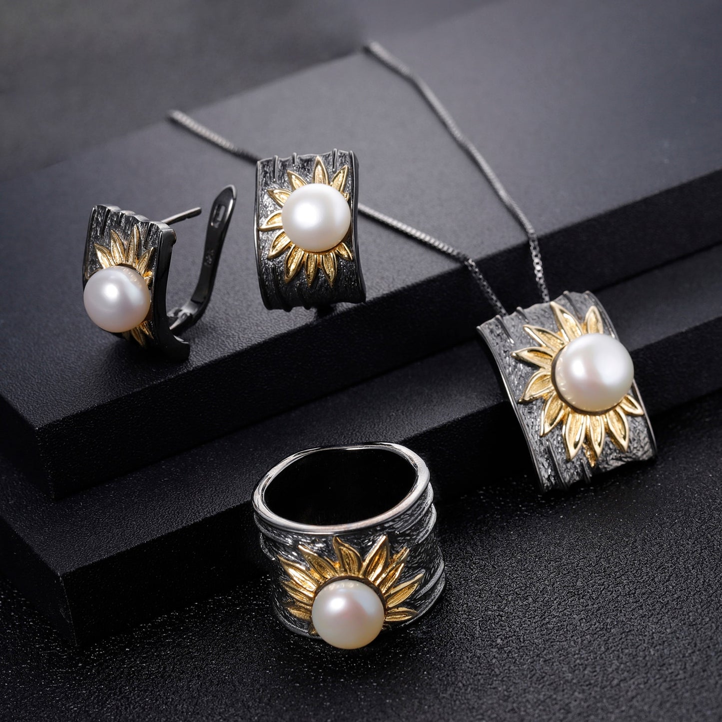 Sunflower | Freshwater Pearl | Sterling Silver | 18K Gold | Jewelry Set