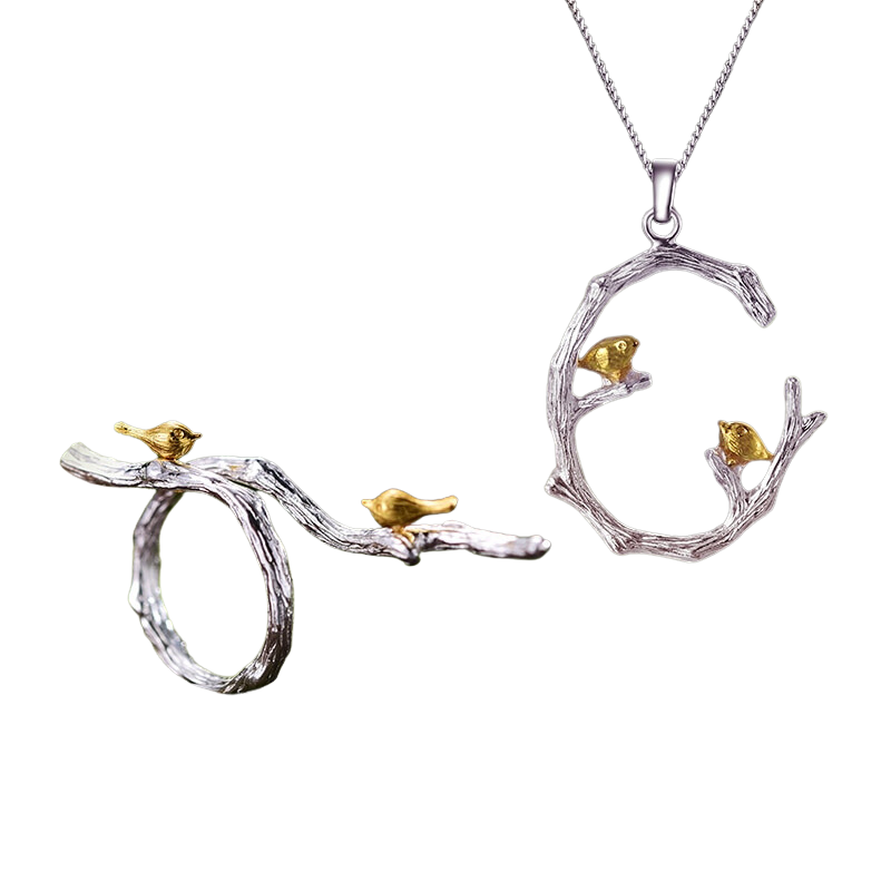 Birds On A Branch | Sterling Silver | 18K Gold | Jewelry Set