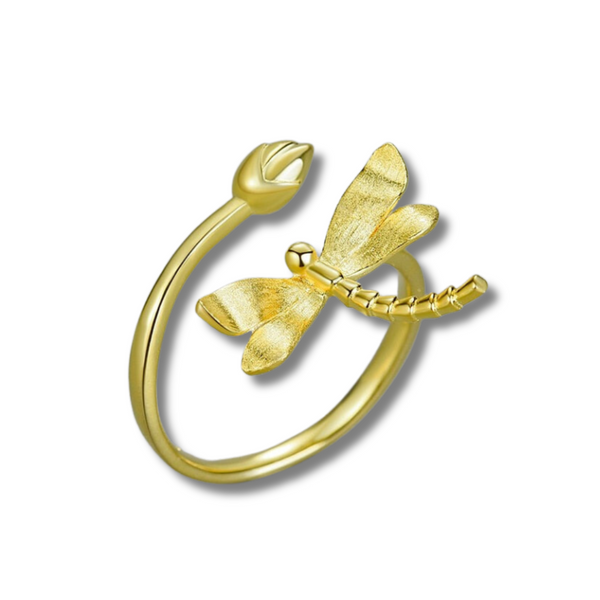 Dragonfly & Flower Bud | Sterling Silver | 18K Gold | Adjustable Ring