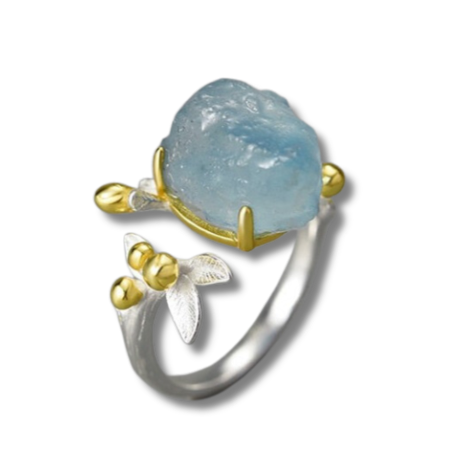 Flower | Aquamarine | Sterling Silver | 18K Gold | Adjustable Ring
