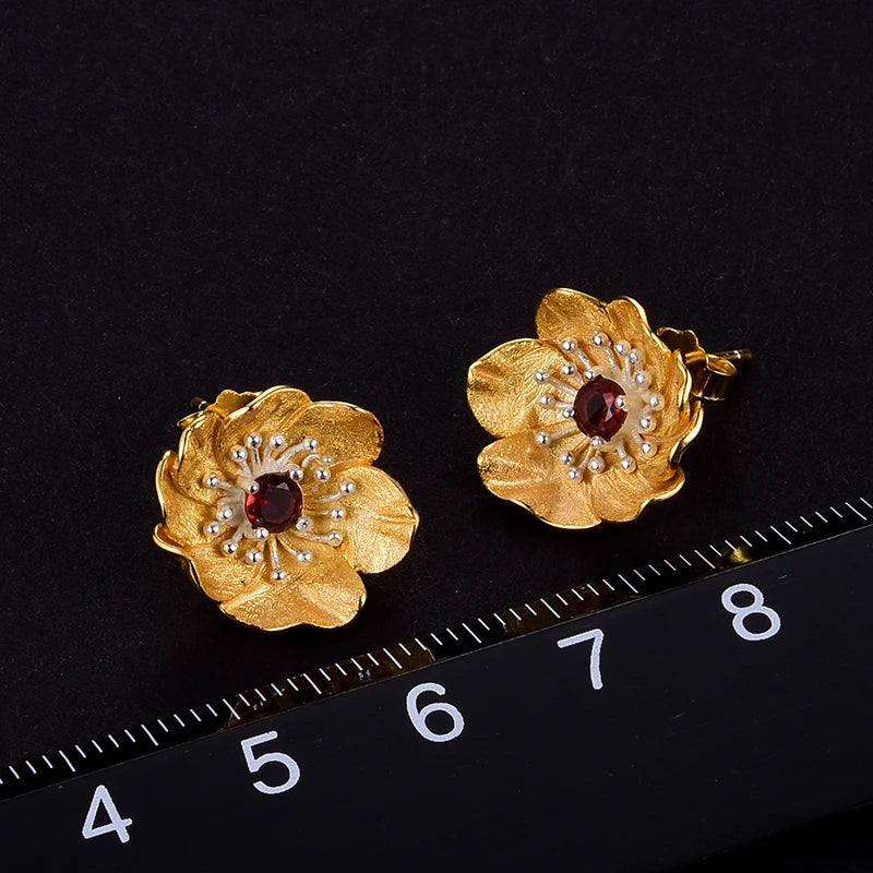 Poppy Flower | Sterling Silver | 18K Gold | Peridot | Garnet | Amethyst | Blue Topz | Stud Earrings