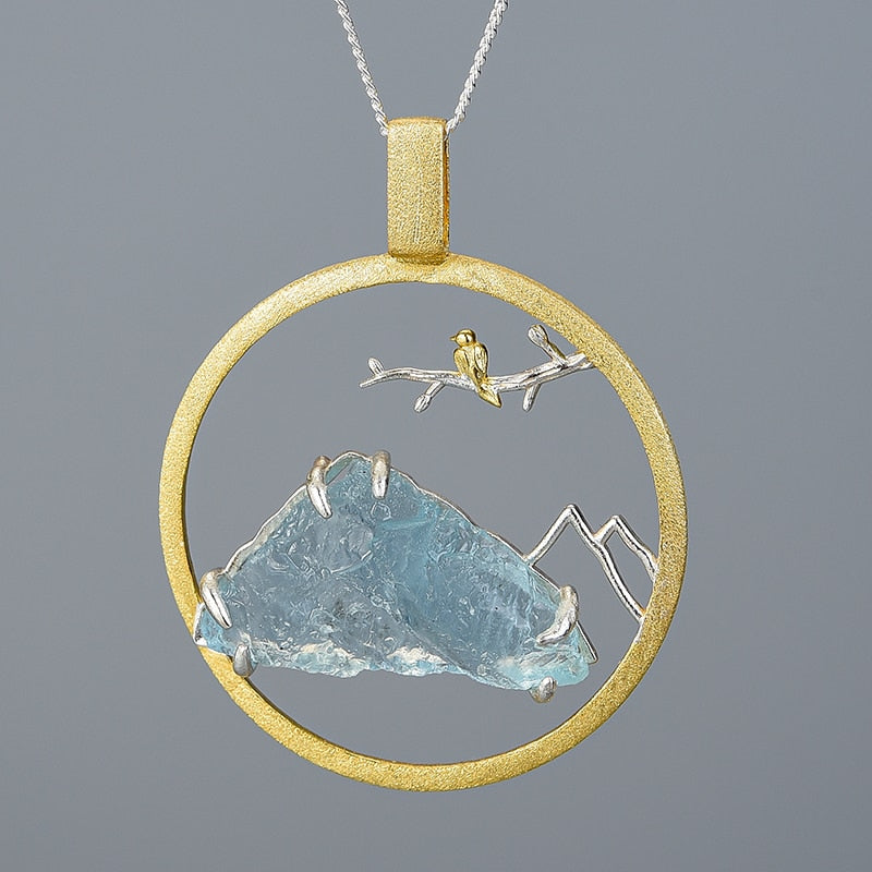 Bird On Branch With Mountain View | Aquamarine | Sterling Silver | 18K Gold | Jewelry Set