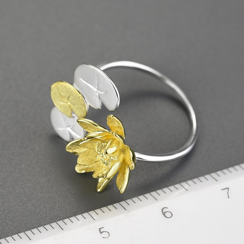 Lotus & Lily Pads | Sterling Silver | 18K Gold | Adjustable Ring