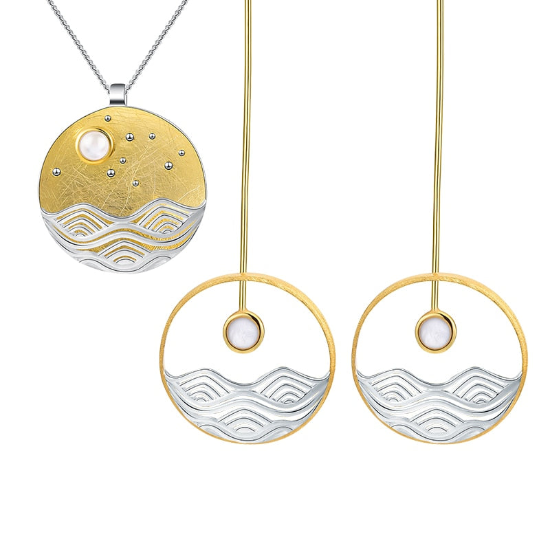 Moon Over The Sea | Mother Of Pearl | Sterling Silver | 18K Gold | Jewelry Set