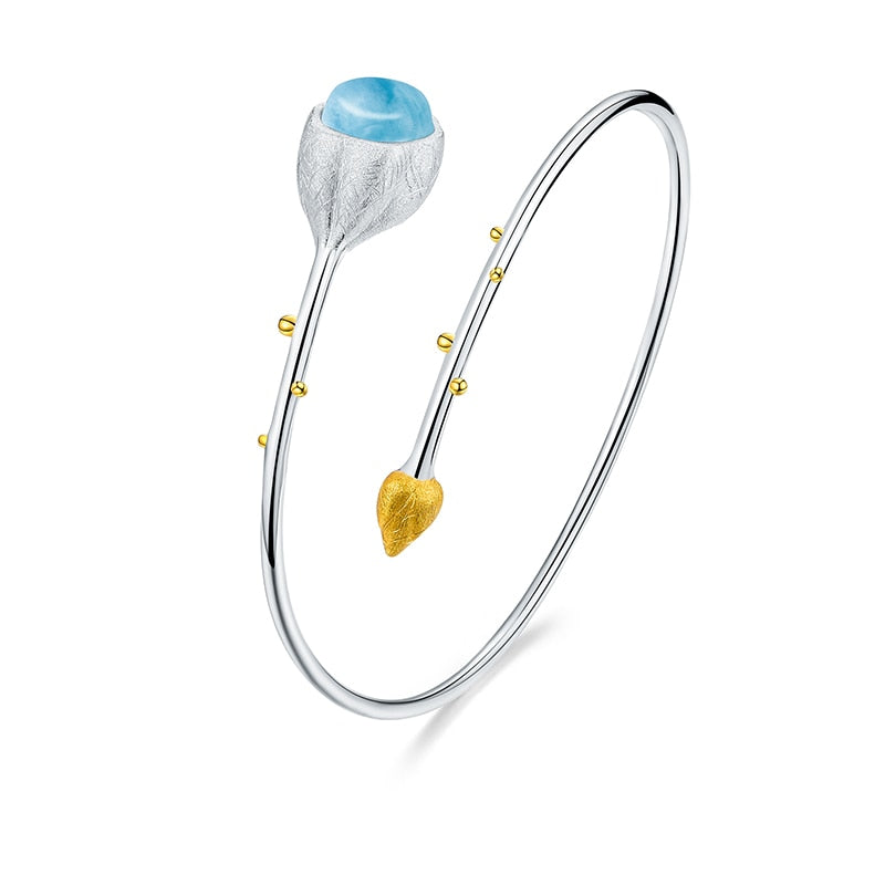 Budding Lotus Flower | Aquamarine | Sterling Silver | 18K Gold | Bracelet