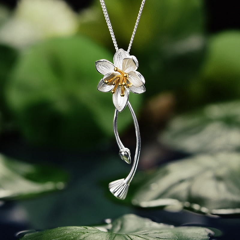 Lotus Flower & Bud | Sterling Silver | 18K Gold | Pendant