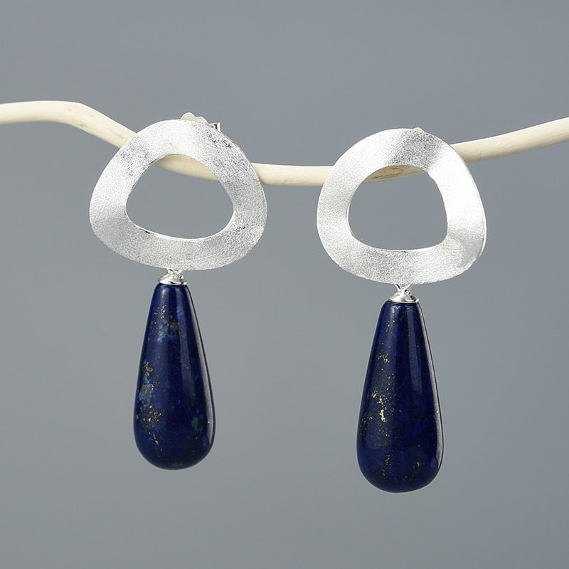 Geometric Hammered Oval | Aventurine | Lapis Lazuli | Sterling Silver | 18K Gold | Dangle Earrings