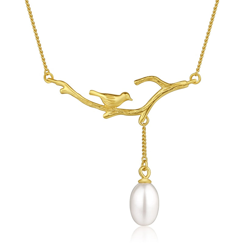 Bird On Branch | Freshwater Pearl | Sterling Silver | 18K Gold | Necklace