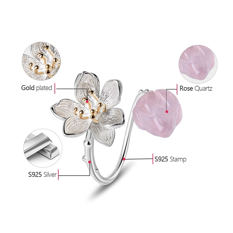 Lotus Flower & Bud | Sterling Silver | 18K Gold | Rose Quartz | Adjustable Ring