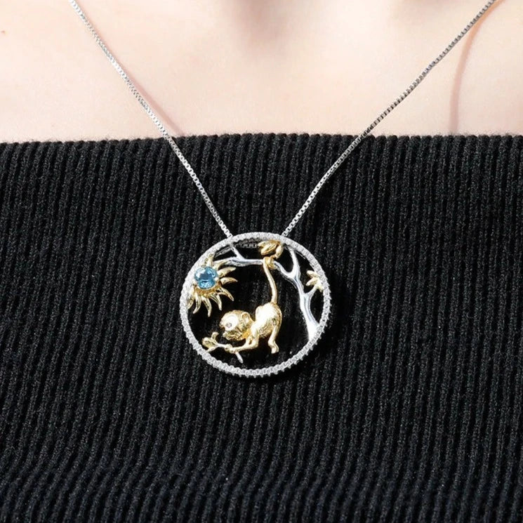 Year of the Monkey Chinese Zodiac | Sterling Silver | 18K Gold | Blue Topaz | Opal | Diopside | Necklace