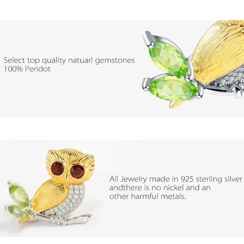 Owl On Branch | Peridot | Garnet | Zirconia | Sterling Silver | 18K Gold | Brooch and Necklace