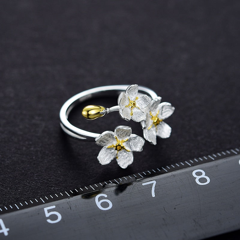 Bacopa Flower Cluster & Bud | Sterling Silver | 18K Gold | Adjustable Ring