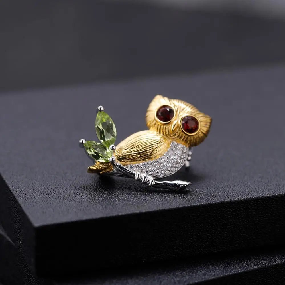 Owl On Branch | Peridot | Garnet | Zirconia | Sterling Silver | 18K Gold | Brooch and Necklace