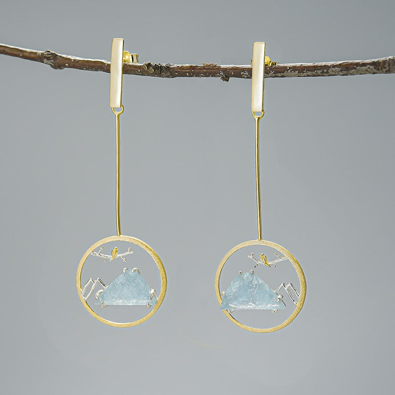 Bird On Branch With Mountain View | Aquamarine | Sterling Silver | 18K Gold | Jewelry Set