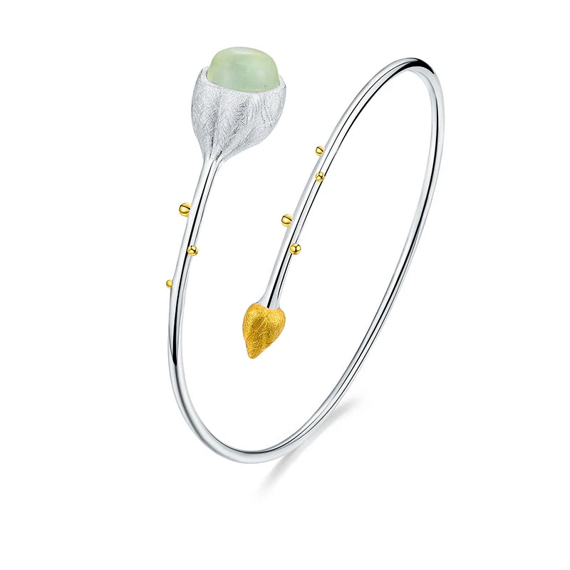 Budding Lotus Flower | Aquamarine | Sterling Silver | 18K Gold | Bracelet