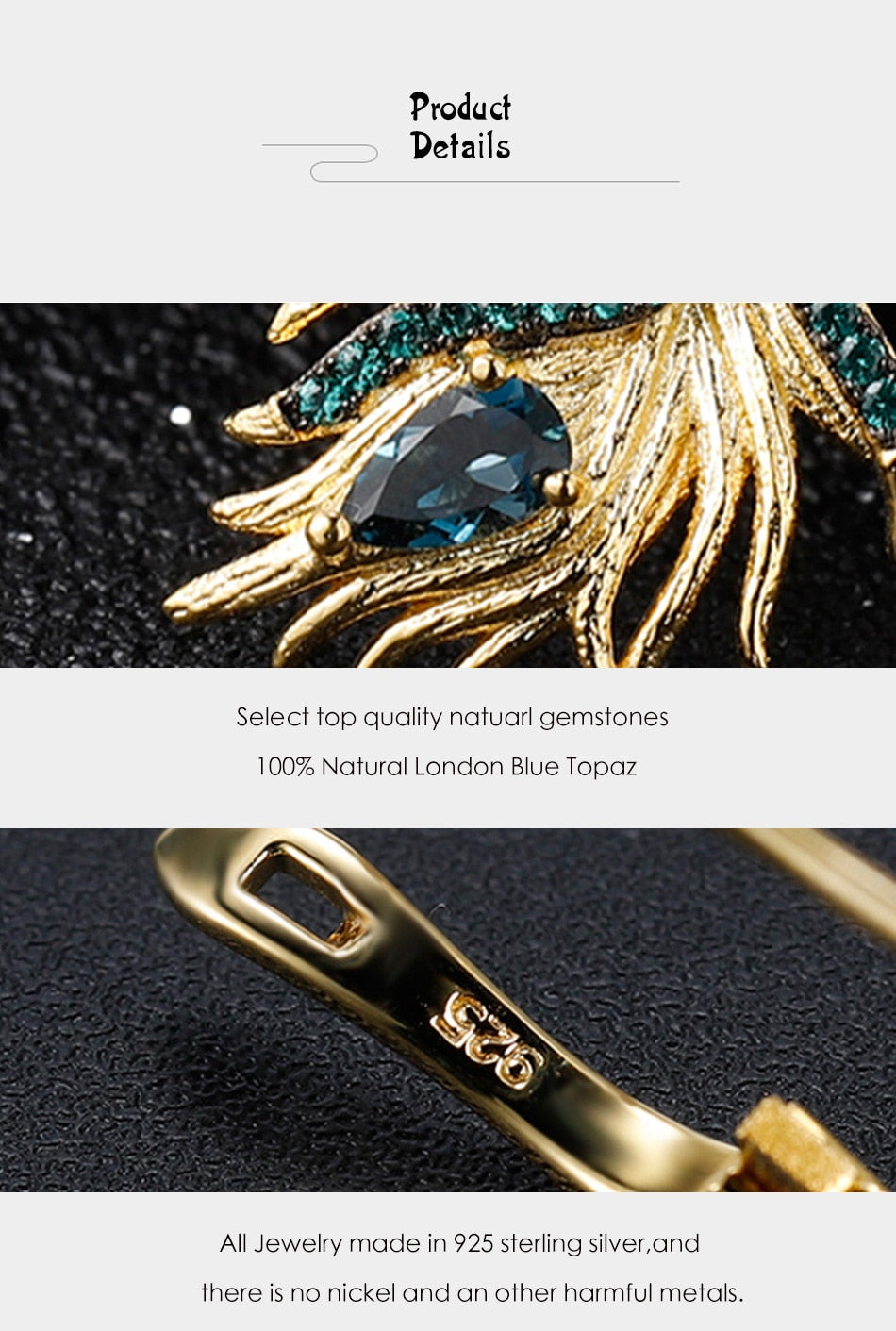 Feather | London Blue Topaz | Nano-Emerald | Sterling Silver | 18K Gold | Dangle Earrings