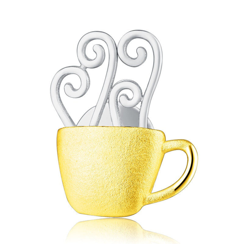 Steaming Cup Of Coffee | Sterling Silver | 18K Gold | Brooch