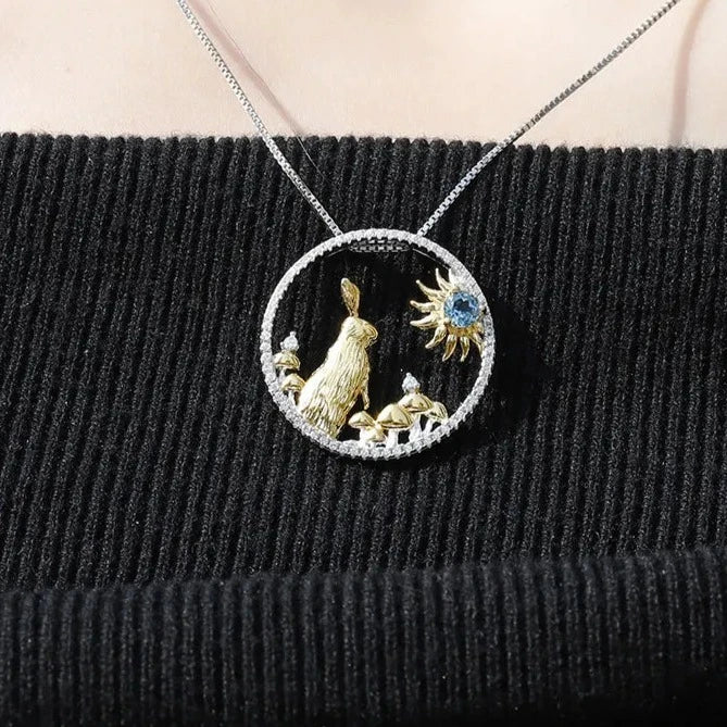 Year of the Rabbit Chinese Zodiac | Sterling Silver | 18K Gold | Blue Topaz | Opal | Diopside | Necklace