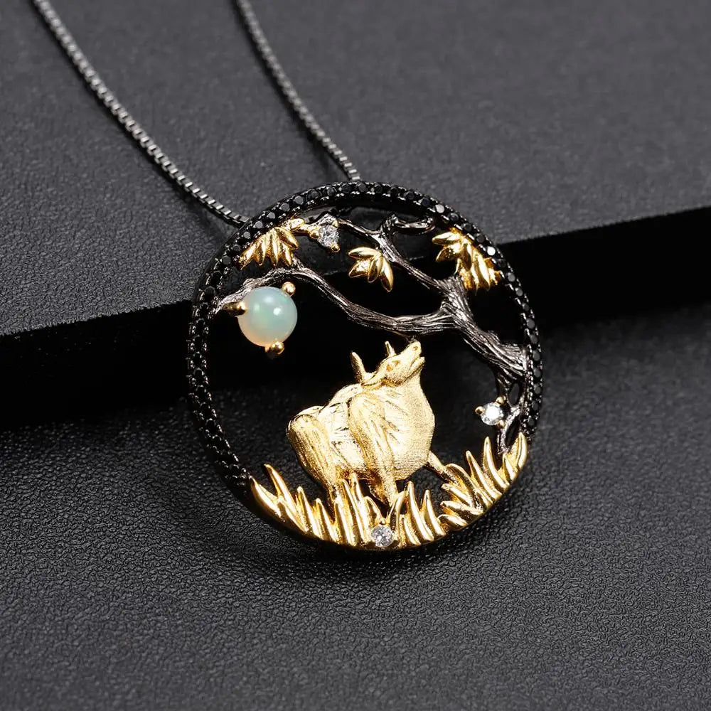 Year of the Ox Chinese Zodiac | Black Rhodium Plated Sterling Silver | 18K Gold | Opal | Amethyst | Garnet | Necklace