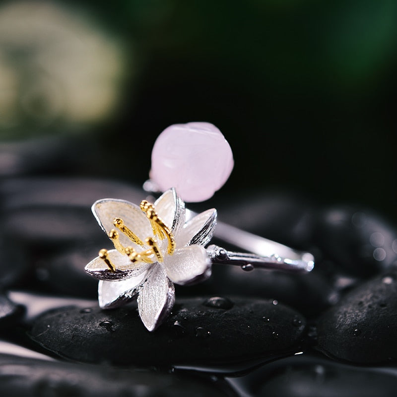 Lotus Flower & Bud | Sterling Silver | 18K Gold | Rose Quartz | Adjustable Ring