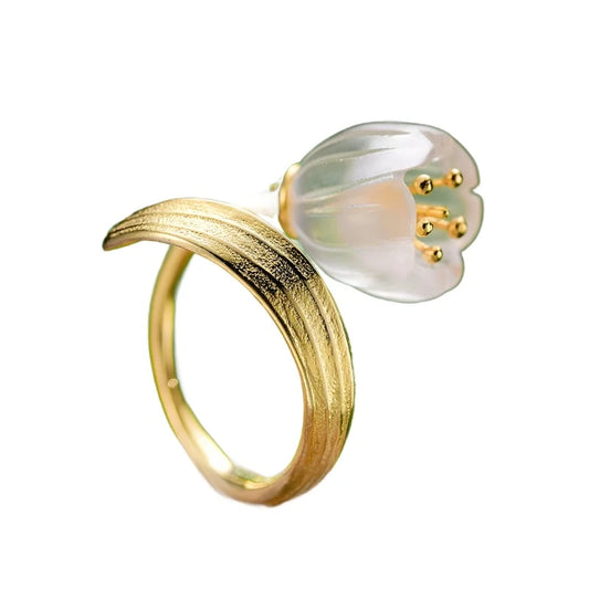 Lily of the Valley Flower | Sterling Silver | 18K Gold | Crystal Quartz | Adjustable Ring