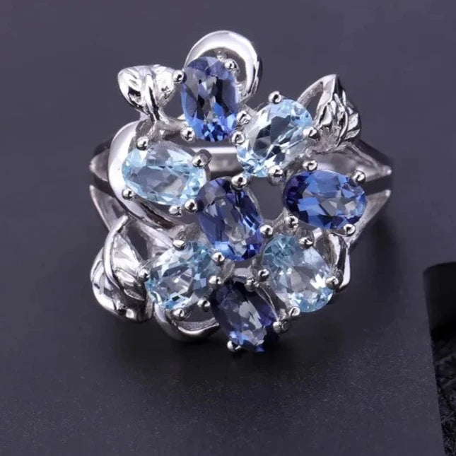Garden Leaf Flower Cluster | Mystic Quartz | Sky Blue Topaz | Sterling Silver | Ring