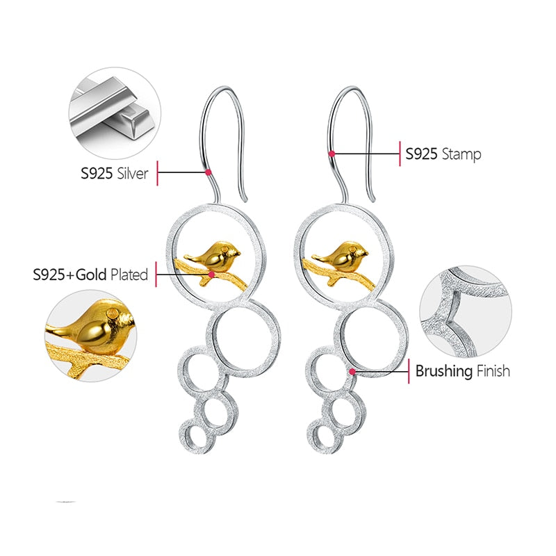 Bird On Branch | Geometric | Sterling Silver | 18K Gold | Dangle Earrings
