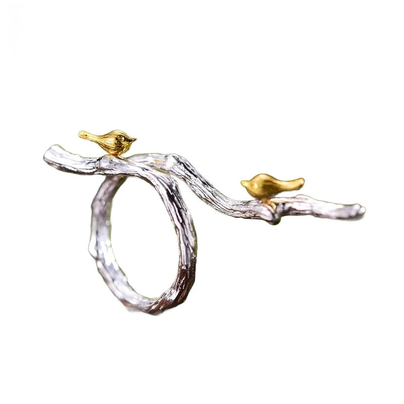 Birds On Branch | Sterling Silver | 18K Gold | Two-Finger Ring