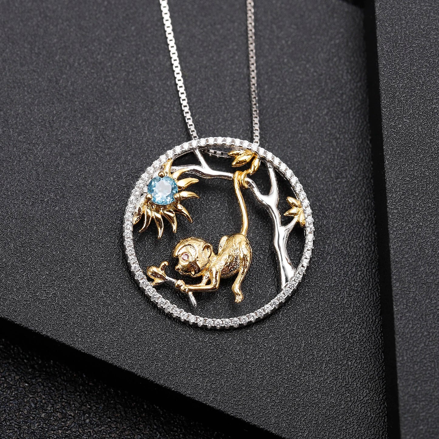 Year of the Monkey Chinese Zodiac | Sterling Silver | 18K Gold | Blue Topaz | Opal | Diopside | Necklace