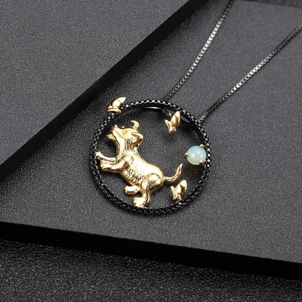 Year of the Dog Chinese Zodiac | Black Rhodium Plated Sterling Silver | 18K Gold | Opal | Amethyst | Garnet | Necklace