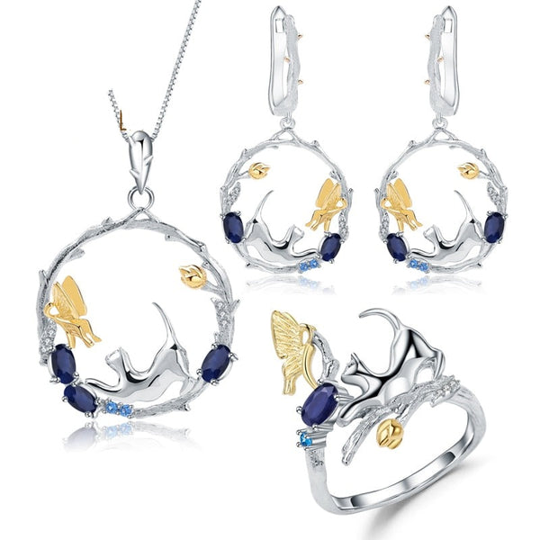 Cat Chasing Butterfly | Swiss Blue Topaz | Nano-Sapphire | Peridot | Garnet | Sterling Silver | 18K Gold | Jewelry Set