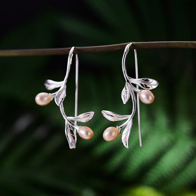 Olive Branch & Leaves | Pink Freshwater Pearls | Sterling Silver | Jewelry Set