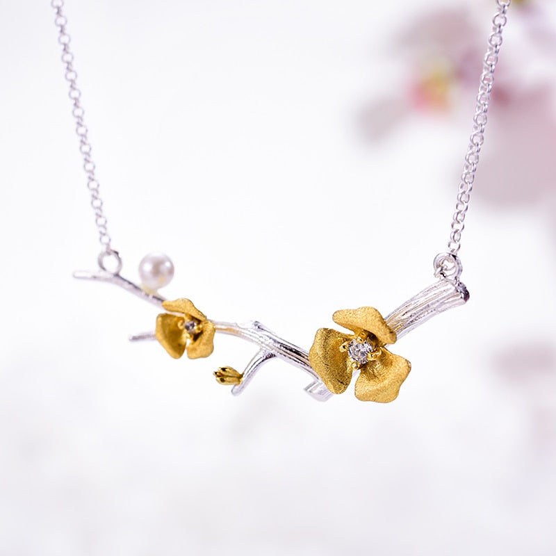 Cherry Blossom Branch | Zircon | Sterling Silver | 18K Gold | Jewelry Set