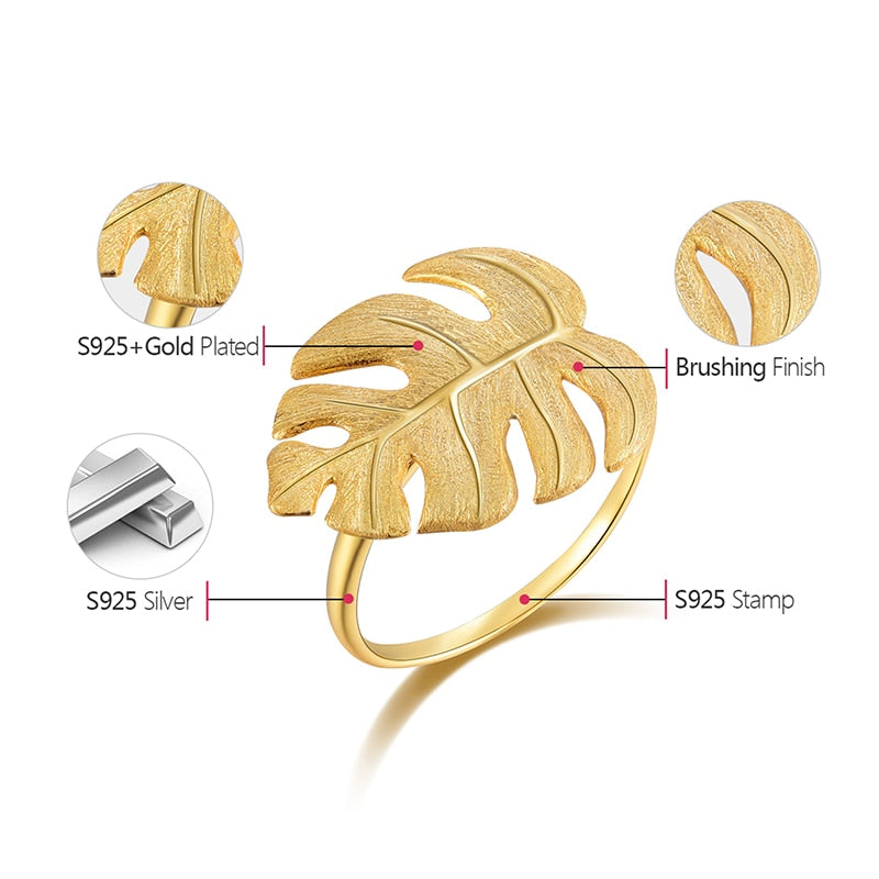 Monstera Leaf | Sterling Silver | 18K Gold | Adjustable Ring