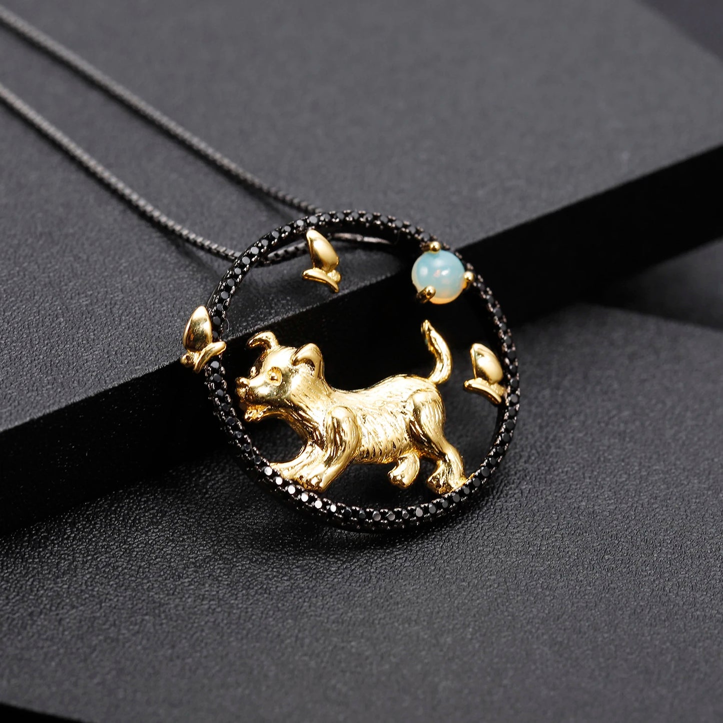 Year of the Dog Chinese Zodiac | Black Rhodium Plated Sterling Silver | 18K Gold | Opal | Amethyst | Garnet | Necklace