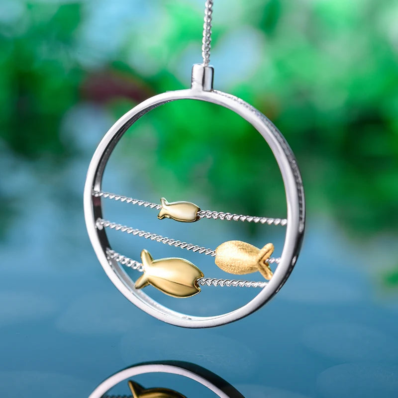 Moveable Swimming Fish In Pond | Sterling Silver | 18K gold | Pendant