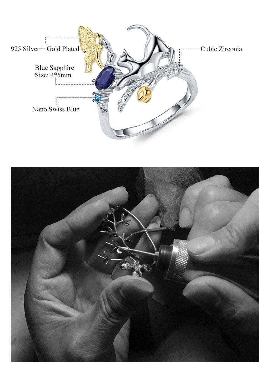 Cat Chasing Butterfly | Swiss Blue Topaz | Nano-Sapphire | Peridot | Garnet | Sterling Silver | 18K Gold | Jewelry Set
