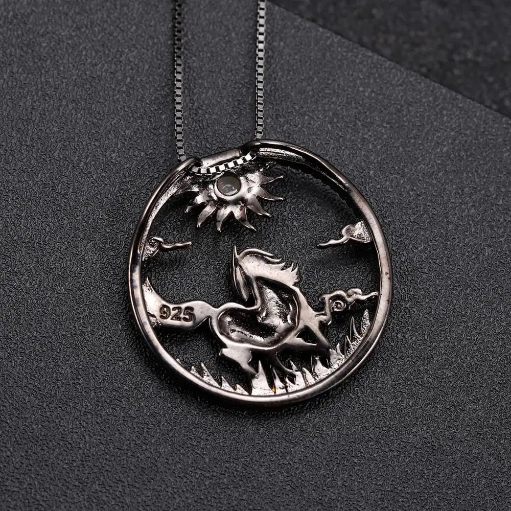 Year of the Horse Chinese Zodiac | Black Rhodium Plated Sterling Silver | 18K Gold | Amethyst | Opal | Garnet | Necklace