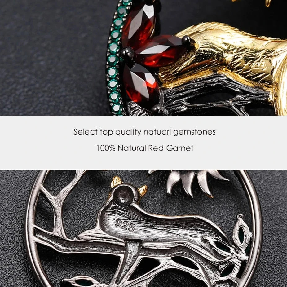 Leopard In A Tree | Garnet | Blue Topaz | Agate | Diopside | Black Rhodium Plated Sterling Silver | 18K Gold | Necklace
