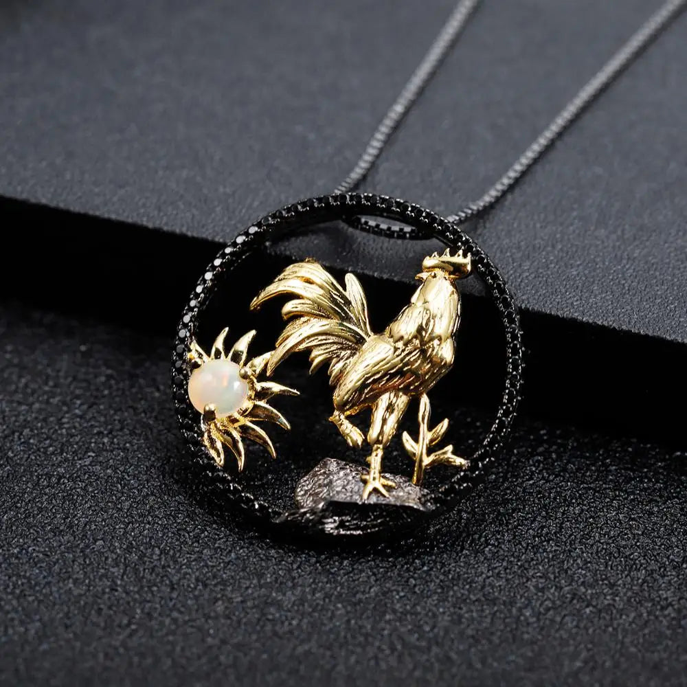 Year of the Rooster Chinese Zodiac | Black Rhodium Plated Sterling Silver | 18K Gold | Opal | Amethyst | Garnet | Necklace