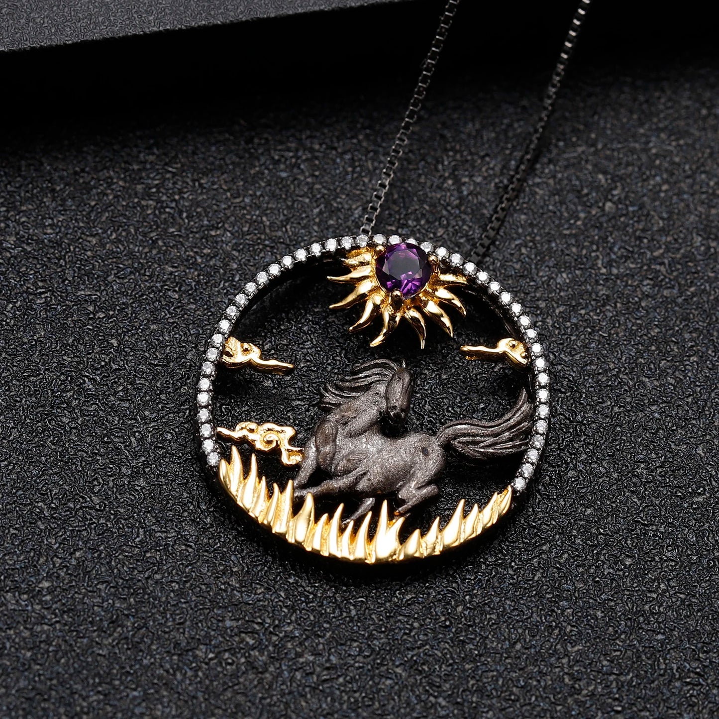 Year of the Horse Chinese Zodiac | Black Rhodium Plated Sterling Silver | 18K Gold | Amethyst | Opal | Garnet | Necklace