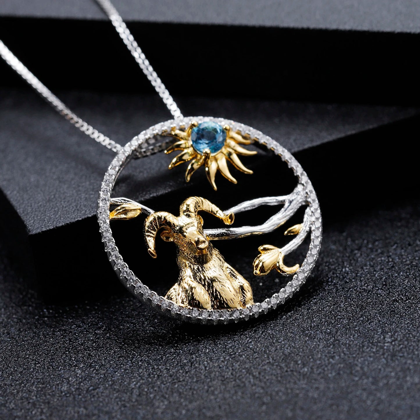 Year of the Goat Chinese Zodiac | Sterling Silver | 18K Gold | Opal | Blue Topaz | Diopside | Necklace
